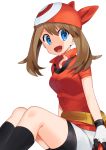  1girl :d bandana bangs bike_shorts black_legwear black_shorts blue_eyes breasts brown_hair collared_shirt commentary_request eyebrows_visible_through_hair eyelashes gloves hair_between_eyes haruka_(pokemon) highres long_hair open_mouth pokemon pokemon_(game) pokemon_rse red_bandana red_shirt shirt shorts sitting smile socks solo tongue two-tone_gloves yuihiko 