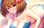  1girl ass beach bikini blue_bikini blue_eyes breasts brown_hair commentary_request flower h_(hhhhhh4649) hair_flower hair_ornament hairclip kantai_collection large_breasts looking_at_viewer lying maya_(kantai_collection) on_stomach short_hair solo sweat swimsuit x_hair_ornament 