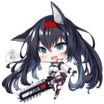  1girl :d animal_ear_fluff animal_ears arknights bangs beni_shake black_gloves black_hair black_skirt blaze_(arknights) blue_eyes blush breasts chainsaw chibi commentary_request eyebrows_visible_through_hair fang full_body gloves hair_between_eyes hairband holding long_hair medium_breasts open_mouth red_hairband shirt signature simple_background skirt smile solo twintails very_long_hair white_background white_shirt 