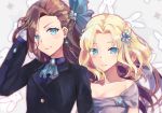  2girls blonde_hair blue_bow blue_eyes bow brown_hair cake_no_shaberu dress gloves hair_bow highres jewelry katarina_claes long_hair looking_at_viewer maria_campbell multiple_girls otome_game_no_hametsu_flag_shika_nai_akuyaku_reijou_ni_tensei_shite_shimatta 