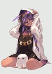  1girl amana_(pocketkey) animal_ears commentary_request facial_mark fate/grand_order fate_(series) grey_background highres hood jackal_ears medjed nitocris_(fate/grand_order) purple_hair sitting sleeves_past_wrists smile solo tan thighs violet_eyes wariza 