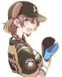  1girl :d alternate_costume animal_ears baseball_cap black_headwear blush braid breasts brown_eyes brown_hair brown_shirt commentary dog_ears extra_ears eyelashes fang from_side hair_between_eyes hat hokkaido_nippon-ham_fighters holding hololive inugami_korone jersey looking_at_viewer medium_breasts medium_hair nippon_professional_baseball open_mouth outline shirt side_braids simple_background smile solo sweatband twin_braids virtual_youtuber white_background wristband yoshida_on 