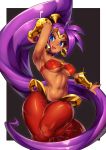  absurdres arabian_clothes arm_up armpits bandeau belmate blue_eyes bracer breasts choker clip_studio_paint_(medium) covered_nipples earrings hair_ornament harem_pants high_ponytail highres hoop_earrings jewelry long_hair looking_at_viewer medium_breasts navel open_mouth outstretched_arm pants purple_hair ribs shantae_(character) shantae_(series) smile stomach sweat tan tiara toned under_boob upper_teeth very_long_hair 