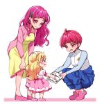  3girls blonde_hair bodysuit dress eru hoshina_hikaru hug-tan_(precure) hugtto!_precure multiple_girls nono_hana older pink_cardigan pink_eyes pink_footwear pink_hair precure squatting star_twinkle_precure yellow_dress 