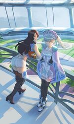  2girls balcony black_hair boots cape carna crop_top dress gloves head_wings highres melia midoriimo_(9ne8n) mole mole_under_mouth multiple_girls shorts silver_hair thigh-highs thigh_boots white_gloves xenoblade_(series) xenoblade_1 