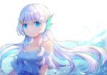  1girl absurdres blue_eyes bubble collarbone commentary_request doris_(hololive) hair_ornament head_fins highres hololive hololive_china silver_hair simple_background solo virtual_youtuber water wawazi white_background 