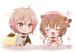  1boy 1girl ahoge animal_ears ayunda_risu blush blush_stickers brown_hair chibi closed_eyes closed_mouth commentary_request food green_eyes hair_between_eyes hololive hololive_indonesia holostars jewelry necklace open_mouth pink_hair plate rikka_(holostars) simple_background sketch smile squirrel_ears table tn_pr26 virtual_youtuber white_background 