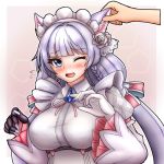  1girl animal_ears bangs blue_eyes blunt_bangs braid breasts cat_ears cat_girl cs_perrault_(last_origin) dashimoro ear_grab eyebrows_visible_through_hair fang gloves hime_cut large_breasts last_origin maid_headdress one_eye_closed silver_hair smile solo_focus tears twin_braids white_gloves 