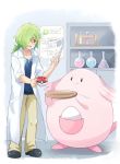  blue_eyes chansey coffee coffee_cup cup disposable_cup gen_1_pokemon glasses green_hair holding holding_paper holding_tray labcoat looking_at_another medium_hair mei_(maysroom) orange_glasses paper poke_ball_print pokemon pokemon_(anime) pokemon_m21 steam test_tube torito_(pokemon) tray 