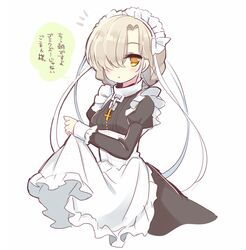  1girl :o apron azur_lane bangs black_dress blush breasts brown_eyes brown_hair chain collar dress eyebrows_visible_through_hair frilled_apron frills hair_over_one_eye juliet_sleeves latin_cross long_sleeves looking_at_viewer maid maid_headdress metal_collar notice_lines parted_lips puffy_sleeves sheffield_(azur_lane) shikito simple_background sleeves_past_wrists small_breasts solo translation_request white_apron white_background 