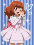  1girl ;d atachi_mimi bangs blue_background blush bow brown_hair dress hands_together long_hair looking_at_viewer one_eye_closed onomekaman open_mouth pink_bow pink_dress simple_background smile solo standing striped striped_background vertical_stripes violet_eyes yu-gi-oh! yu-gi-oh!_sevens 
