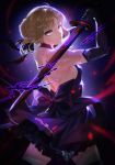  1girl absurdres artist_request artoria_pendragon_(all) bangs bare_shoulders black_dress black_gloves black_legwear blonde_hair braid breasts dark_excalibur dress elbow_gloves fate/stay_night fate_(series) french_braid gloves highres long_hair looking_at_viewer looking_back open_mouth saber_alter sideboob small_breasts sword thigh-highs thighs weapon yellow_eyes 