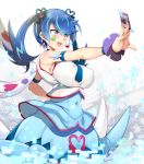  1girl :d aburidashi_zakuro alternate_breast_size armlet armpit_peek bangs bare_shoulders between_fingers blue_angel blue_hair blue_neckwear blue_ribbon blue_shirt blue_skirt blush breasts card clover covered_navel covered_nipples crop_top earrings eyebrows_visible_through_hair facial_tattoo four-leaf_clover hair_ornament hair_ribbon heart heart_earrings highlights holding holding_card jewelry large_breasts long_hair looking_away multicolored_hair necktie open_mouth outstretched_arm rectangle ribbon shiny shiny_clothes shiny_skin shirt skirt sleeveless sleeveless_shirt smile solo standing tattoo taut_clothes taut_shirt trickstar_reincarnation twintails violet_eyes white_background white_shirt white_wings wings wristband yuu-gi-ou yuu-gi-ou_vrains zaizen_aoi 