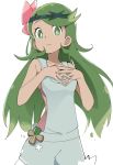  1girl closed_mouth dark_skin flower green_eyes green_hair hair_down hair_flower hair_ornament ixy long_hair looking_at_viewer mallow_(pokemon) pokemon pokemon_(game) pokemon_sm simple_background solo trial_captain white_background 