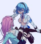  2girls blood blood_on_face bloody_clothes blue_eyes blue_hair fighting gloves kkmrasas leg_grab multiple_girls nukigee_mitai_na_shima_ni_sunderu_watashi_wa_dou_surya_ii_desu_ka? onabuta_ikuko pink_hair short_hair skirt uniform 