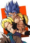 1boy abs absurdres blood blood_from_mouth blood_on_face blue_eyes blue_hair blue_sash dragon_ball dragon_ball_super gogeta highres male_focus metamoran_vest muscular muscular_male open_clothes open_vest pants pectorals relio_db318 sash spiky_hair super_saiyan super_saiyan_blue veins vest white_pants