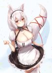  1girl amano_kusatsu animal_ear_fluff animal_ears apron arm_up azur_lane blush breasts choker closed_mouth dress eyebrows_visible_through_hair fox fox_ears fox_girl fox_tail frills gradient gradient_background hair_between_eyes highres huge_breasts lace-trimmed_hairband looking_at_viewer maid maid_apron maid_dress maid_headdress puffy_sleeves red_eyes red_ribbon ribbon short_hair short_sleeves sirius_(azur_lane) solo tail thigh-highs two-tone_dress white_hair white_legwear 