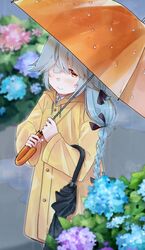  1girl bangs braid braided_ponytail buttons coat flower grey_background hair_between_eyes hair_ornament hair_over_one_eye hair_ribbon hamanami_(kantai_collection) highres holding holding_umbrella hydrangea kantai_collection light_blue_hair light_blush long_hair looking_at_viewer orange_eyes puddle raincoat ribbon shirt smile solo u_yuz_xx umbrella water_drop wet white_shirt yellow_coat 