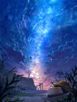  blurry blurry_foreground brown_headwear cliff clouds cloudy_sky commentary_request depth_of_field grass hat highres lighthouse mocha_(cotton) night night_sky no_humans original outdoors scenery sky star_(sky) starry_sky water 