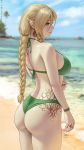  1girl artist_name ass bare_arms bare_shoulders beach bikini blonde_hair blue_sky blurry blurry_background bracelet braid breasts closed_mouth commentary cowboy_shot depth_of_field ear_piercing elf english_commentary from_behind green_bikini green_eyes green_ribbon highres horizon jewelry large_breasts long_hair myra_(sciamano240) ocean original piercing pointy_ears profile ribbon ring ringlets sciamano240 sideboob signature single_braid sky smile solo swimsuit tattoo very_long_hair water 