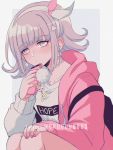  1girl alternate_costume choker criis-chan dangan_ronpa flipped_hair hair_ornament hairclip looking_at_viewer nanami_chiaki phone pink_eyes pink_hair pink_nails pink_sweater simple_background solo super_dangan_ronpa_2 sweater twitter_username two-tone_background 