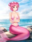  1girl artist_name bangs bare_arms bare_shoulders blurry blurry_background blush breasts closed_mouth collarbone commentary crossed_arms day depth_of_field doki_doki_literature_club english_commentary gigamessy hair_ornament hair_ribbon hairclip head_fins looking_afar looking_away mermaid monster_girl natsuki_(doki_doki_literature_club) navel ocean outdoors pink_eyes pink_hair red_ribbon ribbon rock scales short_hair sitting small_breasts smile solo stomach swept_bangs two_side_up water 