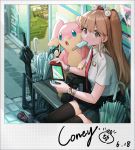  1girl absurdres audino bangs bench black_legwear black_skirt brown_hair buttons coca-cola collared_shirt commentary_request coney food gen_5_pokemon hair_ornament highres holding long_hair mouth_hold necktie nintendo_switch outdoors pokemon pokemon_(creature) popsicle red_neckwear shiny shiny_hair shirt sitting skirt thigh-highs tin_can umbrella watch watch welcome_mat white_shirt 