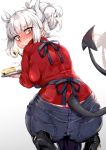  1girl breasts demon_girl demon_horns demon_tail food helltaker hidebuu horns long_hair looking_at_viewer lucifer_(helltaker) mole mole_under_eye pancake red_eyes red_shirt shirt simple_background solo tail tail_wagging whale_tail white_hair white_horns 