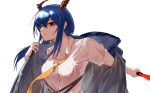  1girl arknights bangs blue_hair breasts ch&#039;en_(arknights) commentary dragon_horns hair_between_eyes highres holding horns jacket long_hair looking_at_viewer medium_breasts necktie open_clothes open_jacket red_eyes shirt short_sleeves sidelocks simple_background solo upper_body white_background white_shirt wildbori wing_collar yellow_neckwear 