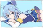  1girl aqua_(konosuba) blue_background blue_eyes blue_hair blue_skirt blush detached_sleeves eyebrows_visible_through_hair hair_between_eyes hair_rings ixy kono_subarashii_sekai_ni_shukufuku_wo! long_hair looking_at_viewer lying on_stomach simple_background sketch skirt solo 