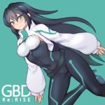  1girl black_hair bodysuit bodysuit_under_clothes breasts copyright_name covered_navel eyebrows_visible_through_hair folks_(nabokof) green_background green_eyes gundam gundam_build_divers gundam_build_divers_re:rise looking_at_viewer may_(gundam_build_divers_re:rise) medium_breasts shrug_(clothing) skin_tight solo v-shaped_eyebrows 