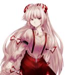  1girl arm_behind_back arm_garter baggy_pants bangs beige_shirt black_eyes blurry bow buckle buttons closed_mouth collared_shirt commentary_request cowboy_shot eyebrows_visible_through_hair eyes_visible_through_hair floating_hair frown fujiwara_no_mokou grey_hair hair_bow highres hime_cut juliet_sleeves long_hair long_sleeves looking_at_viewer outstretched_hand pants puffy_sleeves red_bow red_eyes red_pants serious shirt sidelocks silver_hair simple_background solo somei_ooo suspenders touhou very_long_hair white_background white_bow wing_collar yellow_eyes 