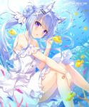 1girl air_bubble ameto_yuki animal animal_ear_fluff animal_ears artist_name bare_shoulders blue_hair breasts bubble commentary_request coral day double_bun dress fish fox_ears hair_ornament hair_ribbon hand_up highres knees_up long_hair looking_at_viewer medium_breasts off-shoulder_dress off_shoulder original outdoors parted_lips ribbon solo starfish_hair_ornament twintails underwater very_long_hair violet_eyes white_dress white_ribbon 