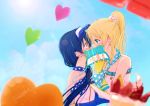  2girls ayase_eli bare_shoulders blonde_hair blue_eyes blue_hair blush commentary_request couple covered_face covering_face eye_contact eyebrows_visible_through_hair face-to-face headwear_removed implied_kiss kiss long_hair looking_at_another love_live! love_live!_school_idol_project multiple_girls outdoors ponytail profile scrunchie signature sonoda_umi strapless suito surprised white_scrunchie yellow_eyes yuri 