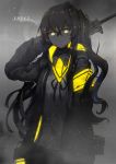  1girl 2018 absurdres ammunition_pouch bangs black_jacket brown_hair buttons character_name cowboy_shot crossed_bangs disconnected_mouth embers eyebrows_visible_through_hair girls_frontline glowing glowing_eyes grey_skirt highres holding holding_weapon hood hood_down hooded_jacket jacket looking_at_viewer neck_ribbon neon_trim pleated_skirt pouch ribbon sanasedayo scar scar_across_eye side_ponytail skirt smile solo ump45_(girls_frontline) weapon 
