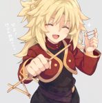  1girl bangs black_shirt blonde_hair blush braid breasts fate/apocrypha fate_(series) french_braid jacket long_hair long_sleeves mordred_(fate) mordred_(fate)_(all) open_mouth parted_bangs ponytail red_jacket saipaco shirt sidelocks small_breasts smile sparkle translation_request 
