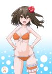  1girl bikini blue_background breasts brown_eyes brown_hair commentary_request cowboy_shot flower front-tie_top gradient gradient_background hair_flower hair_ornament hands_on_hips hibiscus highres kantai_collection leg_garter looking_at_viewer orange_bikini sendai_(kantai_collection) short_hair side-tie_bikini small_breasts solo standing swimsuit t2r twintails two_side_up white_background 