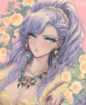  blush braid closed_mouth dress earrings faris_scherwiz final_fantasy final_fantasy_v flower gem green_eyes jewelry leaf lips long_eyelashes long_hair necklace pink_background ponytail purple_hair ring takatora yellow_dress yellow_flower 