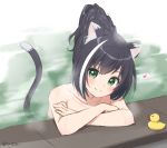 1girl alternate_hairstyle animal_ear_fluff animal_ears anz32 bangs black_hair blush cat_ears cat_girl cat_tail closed_mouth collarbone commentary_request crossed_arms eyebrows_visible_through_hair green_eyes karyl_(princess_connect!) looking_at_viewer multicolored_hair nude onsen partially_submerged princess_connect! princess_connect!_re:dive rubber_duck smile solo steam streaked_hair tail tail_raised twitter_username upper_body water white_hair 