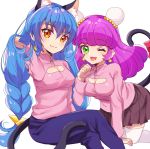  2girls animal_ears blue_hair bow braid cat_ears cat_girl cat_tail cleavage_cutout double_bun dual_persona eru green_eyes looking_at_viewer mao_(precure) multiple_girls pants paw_pose pleated_skirt precure skirt smile star_twinkle_precure tail tail_bow thigh-highs twin_braids violet_eyes yellow_eyes yuni_(precure) 