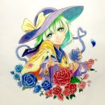  1girl bangs blue_flower eyebrows_visible_through_hair flower green_eyes green_hair hakuto_hotaru hat heart heart_of_string holding komeiji_koishi long_sleeves looking_at_viewer nail_polish pointing pointing_at_viewer red_flower solo third_eye touhou traditional_media 