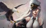  1girl absurdres acooc azur_lane bald_eagle bare_shoulders bird black_jacket black_neckwear breasts commentary_request eagle enterprise_(azur_lane) hat hat_over_one_eye highres jacket large_breasts lipstick long_hair looking_at_viewer makeup military_hat necktie peaked_cap red_lipstick shirt silver_hair sleeveless sleeveless_shirt solo upper_body violet_eyes white_headwear white_shirt 