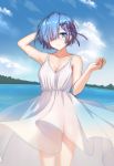  1girl :d arm_behind_head arm_up armpits bare_arms bare_shoulders blue_eyes blue_hair collarbone commentary_request dress feet_out_of_frame flower_knot grin hair_ornament hair_over_one_eye hair_ribbon hand_up highres looking_at_viewer mountainous_horizon open_mouth panties purple_ribbon qingchen_(694757286) re:zero_kara_hajimeru_isekai_seikatsu rem_(re:zero) ribbon see-through short_hair sleeveless sleeveless_dress smile solo standing sundress underwear water white_dress white_panties x_hair_ornament 