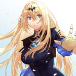  1girl blonde_hair blue_eyes bow breasts gloves hair_bow highres long_hair looking_at_viewer machina medium_breasts shadowverse simple_background solo stop talnory tetra 