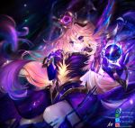  1girl armor artist_name bangs blonde_hair boots breasts commentary dark_cosmic_lux deviantart_logo deviantart_username dress eyebrows_visible_through_hair floating_hair frown hair_between_eyes hair_ornament highres hitokiri_battousai instagram_logo instagram_username knee_up large_breasts league_of_legends long_hair looking_at_viewer luxanna_crownguard magic pixiv_logo pixiv_username purple_hair solo thigh-highs thigh_boots translation_request very_long_hair violet_eyes 