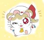  :3 animalization bow crystal flandre_scarlet fua_yuu hamster hamtaro hat hat_ribbon one_eye_closed red_bow red_eyes ribbon side_ponytail solo touhou white_headwear wings yellow_background yellow_neckwear 