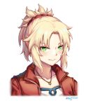  1girl 2020 absurdres artist_name bangs blonde_hair blush braid collarbone commentary fate/grand_order fate_(series) gem green_eyes hair_ornament hair_scrunchie highres jacket jewelry long_hair looking_at_viewer mordred_(fate) mordred_(fate)_(all) necklace nyungsep parted_lips ponytail red_jacket red_scrunchie scrunchie shirt short_hair simple_background smile solo teeth white_background white_shirt 