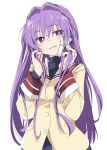  1girl clannad eyebrows_visible_through_hair eyes_visible_through_hair fujibayashi_kyou ixy long_hair long_sleeves purple_hair school_uniform simple_background solo violet_eyes white_background 