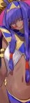  1girl :q amana_(pocketkey) animal_ears bangs breasts earrings egyptian_clothes eyebrows_visible_through_hair facial_mark fate/grand_order fate_(series) hairband highres jackal_ears jewelry long_hair looking_at_viewer navel nitocris_(fate/grand_order) purple_background purple_hair simple_background smile solo tongue tongue_out very_long_hair violet_eyes 