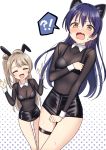  2girls animal_ears bangs black_shirt black_shorts blue_hair blush cat_ears closed_eyes commentary_request covering cowboy_shot deadnooodles embarrassed grey_hair hair_between_eyes highres long_hair long_sleeves love_live! love_live!_school_idol_project minami_kotori multiple_girls one_side_up rabbit_ears raised_eyebrows see-through shirt short_shorts shorts simple_background sonoda_umi thigh_strap wavy_mouth yellow_eyes 